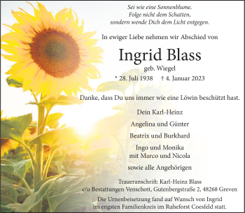 Anzeige von Ingrid Blass 