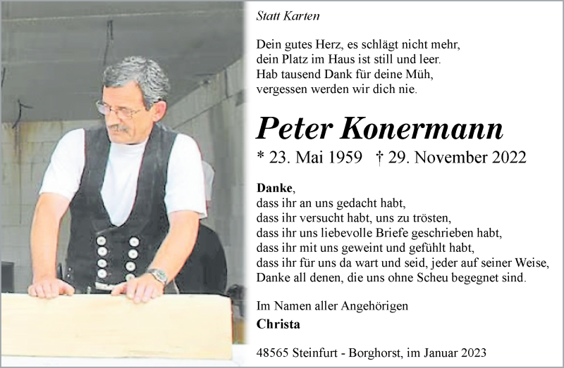  Traueranzeige für Peter Konermann vom 14.01.2023 aus 