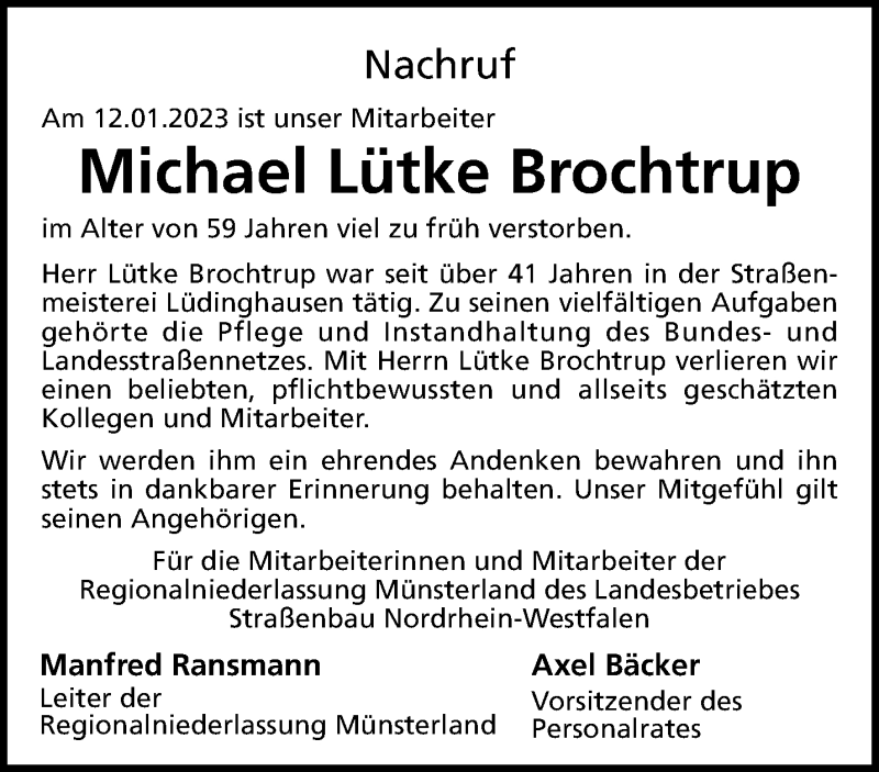  Traueranzeige für Michael Lütke Brochtrup vom 21.01.2023 aus 