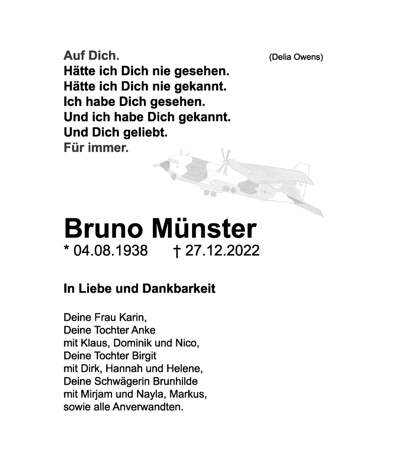  Traueranzeige für Bruno Münster vom 07.01.2023 aus 