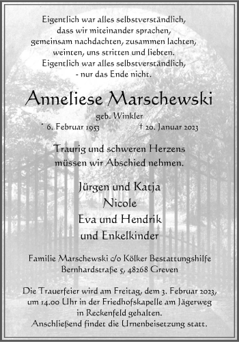 Anzeige von Anneliese Marschewski Ad 