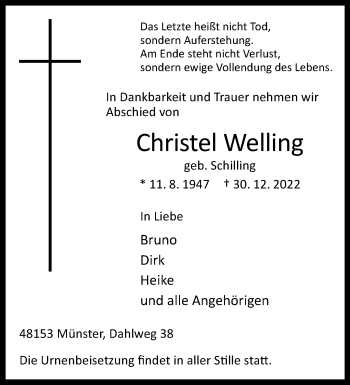 Anzeige von Christel Welling 