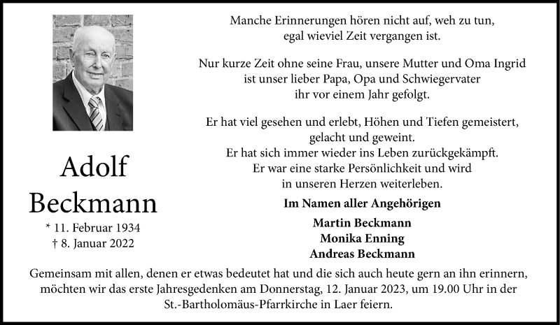  Traueranzeige für Adolf Beckmann vom 07.01.2023 aus 