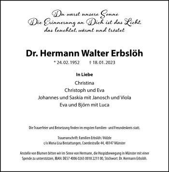 Anzeige von Dr. Hermann Walter Erbslöh 
