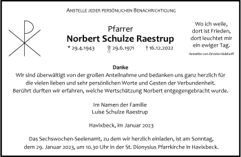 Anzeige von Norbert Schulze Raestrup 