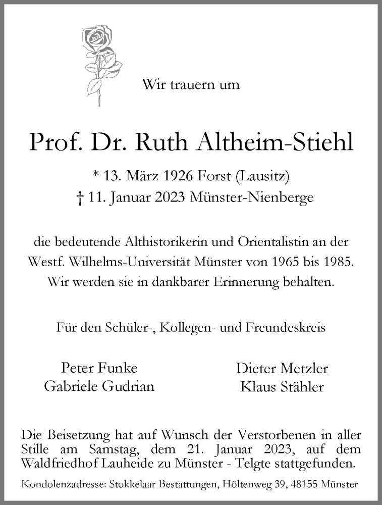  Traueranzeige für Prof. Dr. Ruth Altheim-Stiehl vom 28.01.2023 aus 
