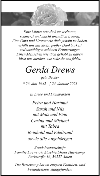 Anzeige von Gerda Drews 
