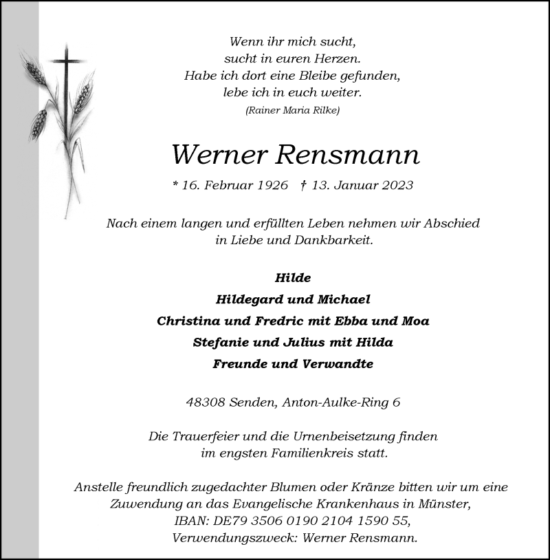  Traueranzeige für Werner Rensmann vom 21.01.2023 aus 