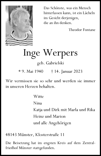 Anzeige von Inge Werpers 