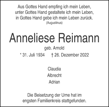 Anzeige von Anneliese Reimann 