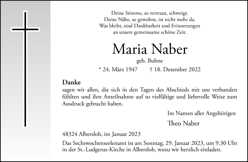  Traueranzeige für Maria Naber vom 21.01.2023 aus 