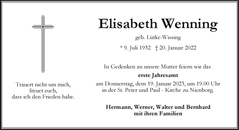  Traueranzeige für Elisabeth Wenning vom 14.01.2023 aus 