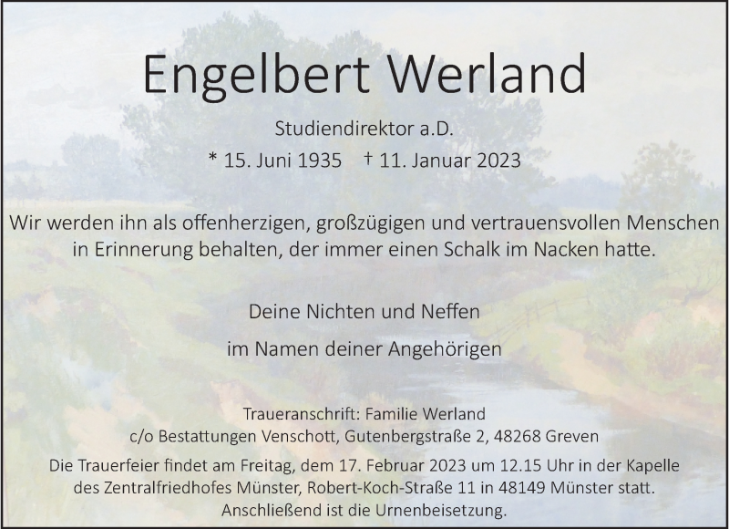  Traueranzeige für Engelbert Werland vom 21.01.2023 aus 