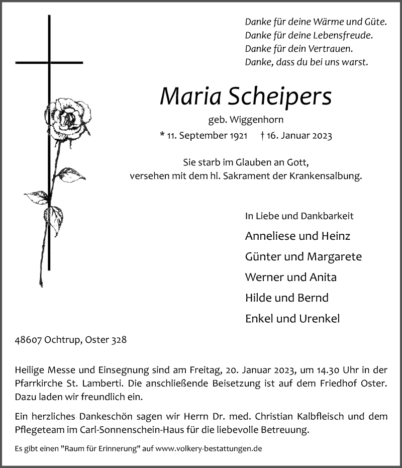  Traueranzeige für Maria Scheipers vom 18.01.2023 aus 