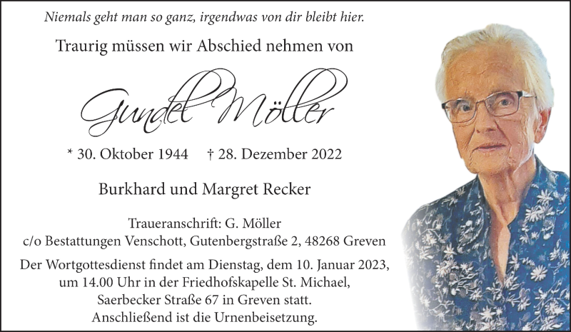  Traueranzeige für Gundel Möller vom 07.01.2023 aus 