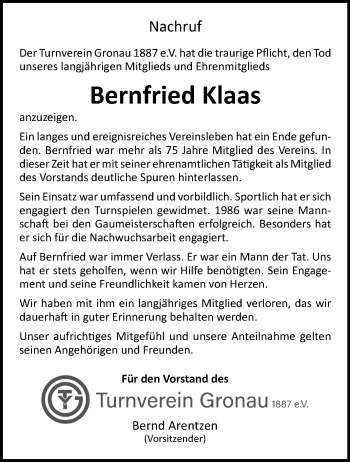 Anzeige von Bernfried Klaas 