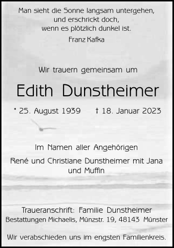 Anzeige von Edith Dunstheimer 