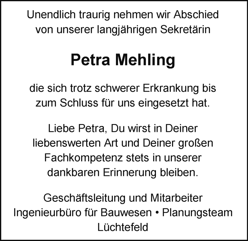  Traueranzeige für Petra Mehling vom 04.01.2023 aus 