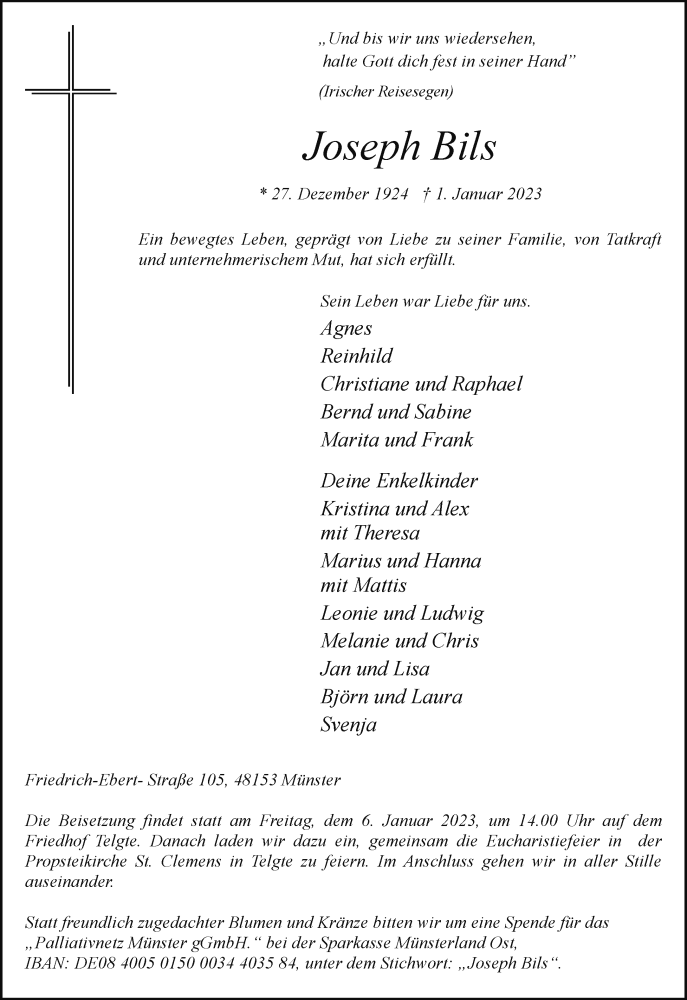  Traueranzeige für Joseph Bils vom 04.01.2023 aus 