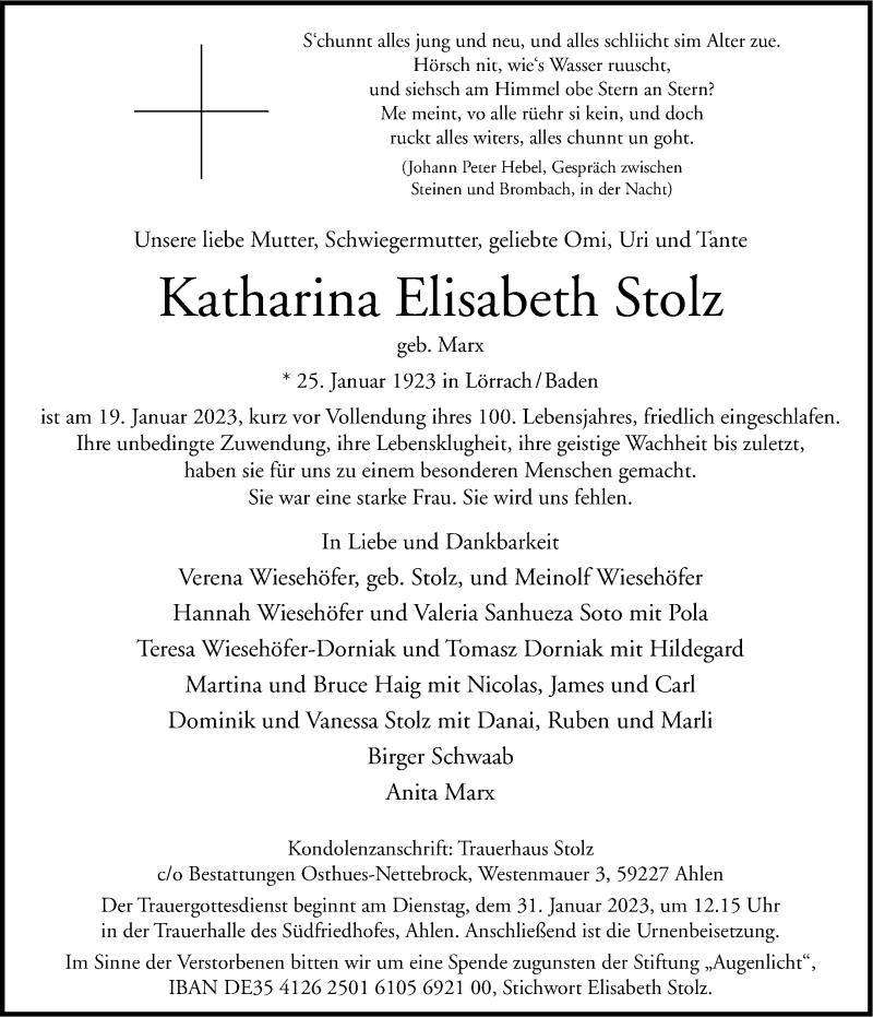  Traueranzeige für Katharina Elisabeth Stolz vom 25.01.2023 aus 