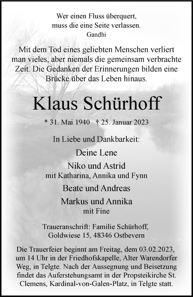  Traueranzeige für Klaus Schürhoff vom 28.01.2023 aus 