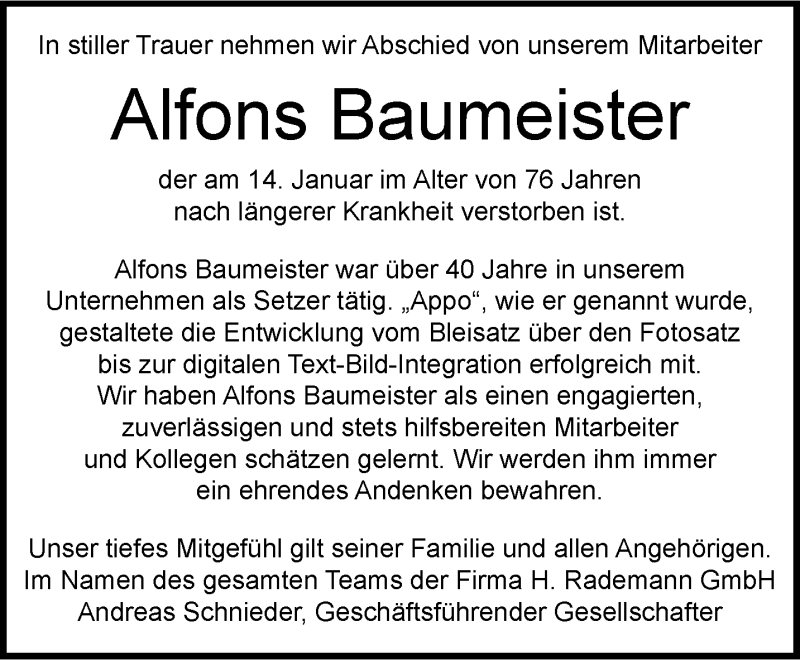  Traueranzeige für Alfons Baumeister vom 25.01.2023 aus 