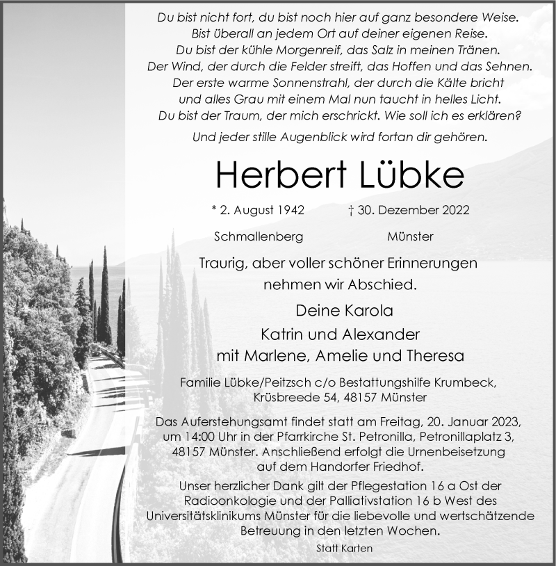  Traueranzeige für Herbert Lübke vom 11.01.2023 aus 