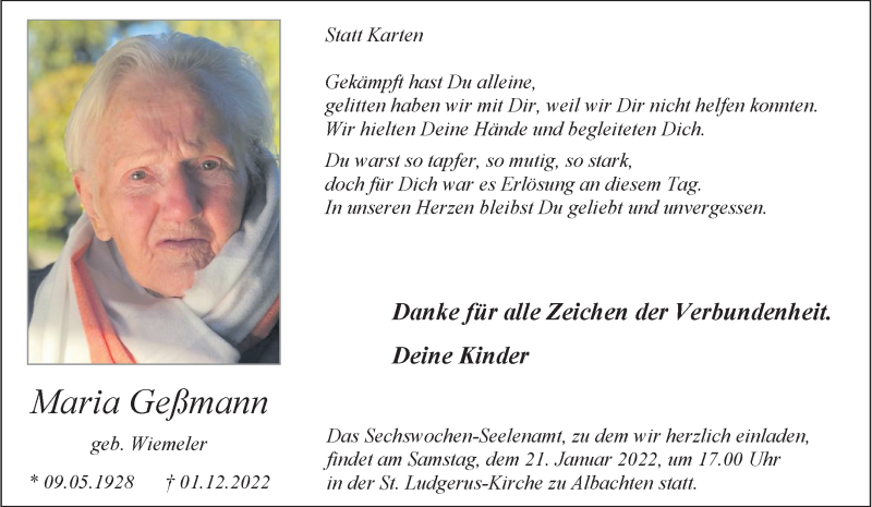  Traueranzeige für Maria Geßmann vom 14.01.2023 aus 