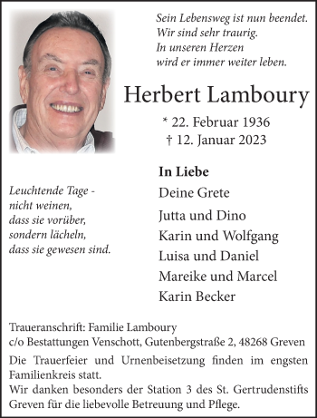 Anzeige von Herbert Lamboury 