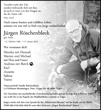 Anzeige von Jürgen Röschenbleck 