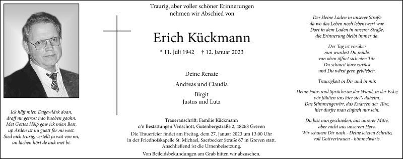  Traueranzeige für Erich Kückmann vom 21.01.2023 aus 