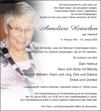 Anzeige von Anneliese Henschen 