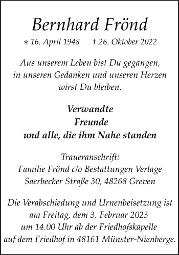 Anzeige von Bernhard Frönd 