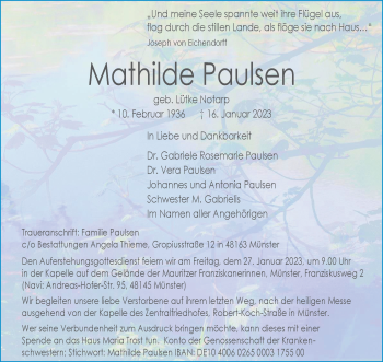 Anzeige von Mathilde Paulsen 