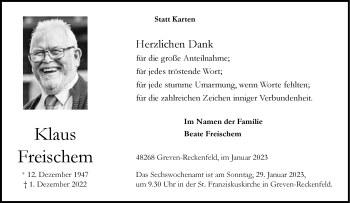 Anzeige von Klaus Freischem 