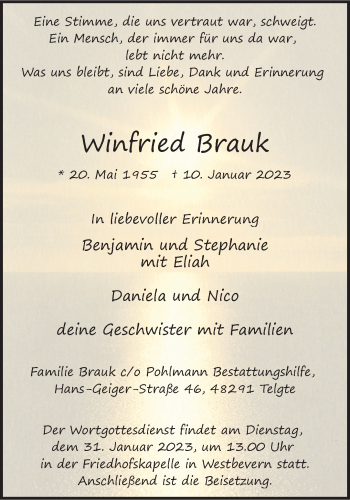 Anzeige von Winfried Brauk 