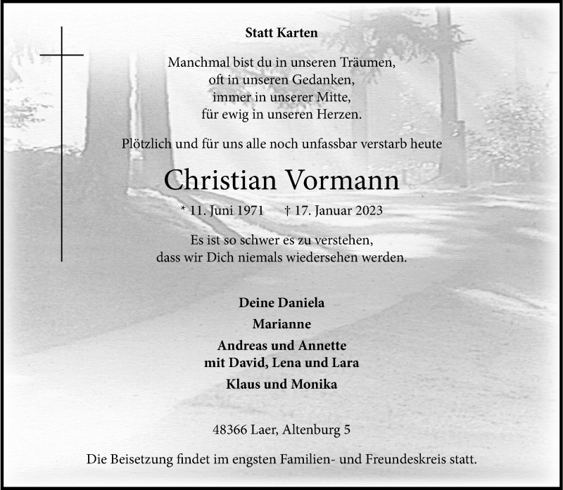  Traueranzeige für Christian Vormann vom 21.01.2023 aus 