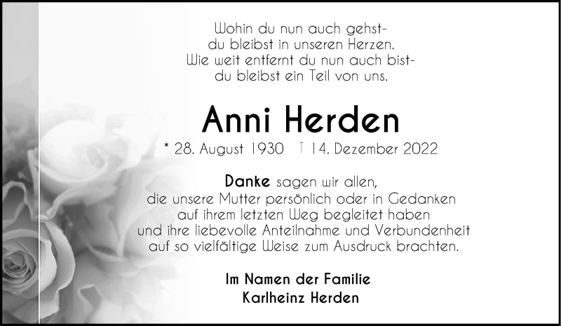  Traueranzeige für Anni Herden vom 28.01.2023 aus 