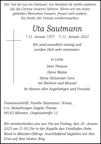 Anzeige von Uta Sautmann 