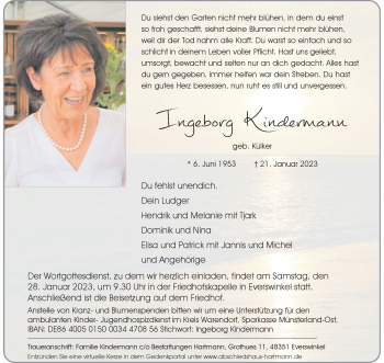 Anzeige von Ingeborg Kindermann 