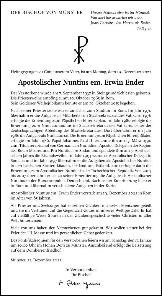  Traueranzeige für Erwin Ender vom 31.12.2022 aus 