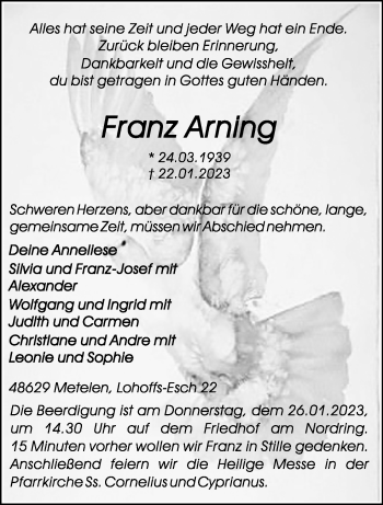Anzeige von Franz Arning 