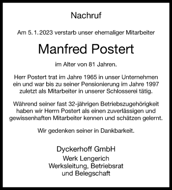 Anzeige von Manfred Postert 