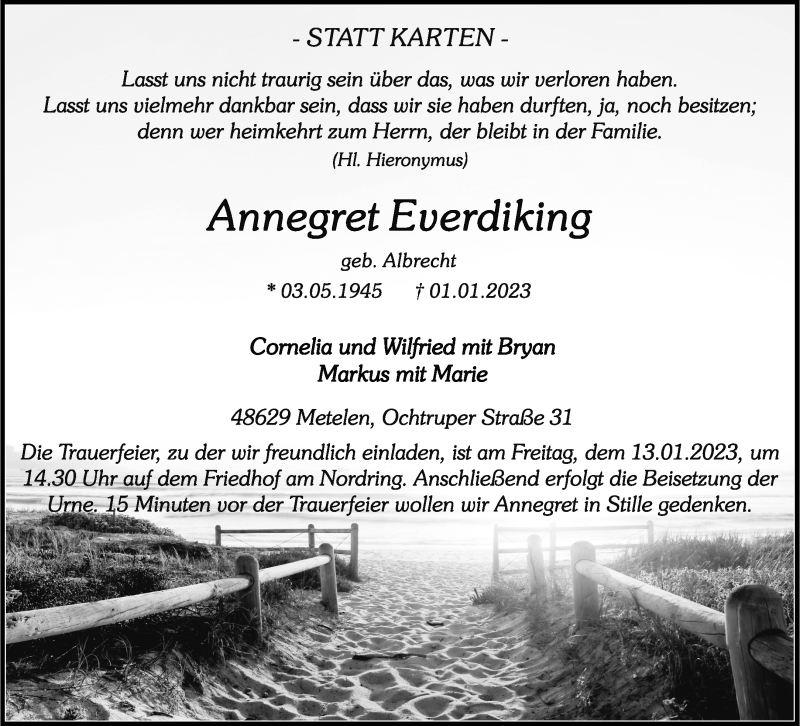  Traueranzeige für Annegret Everdiking vom 06.01.2023 aus 