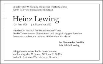 Anzeige von Heinz Lewing 