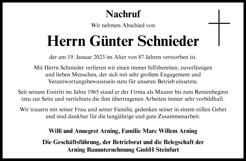  Traueranzeige für Günter Schnieder vom 26.01.2023 aus 