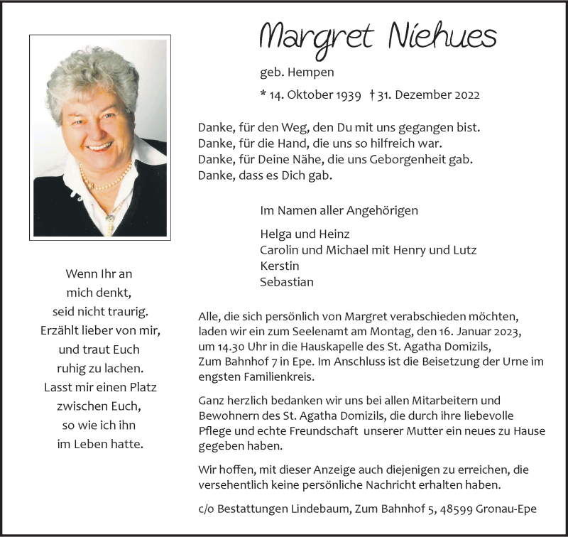  Traueranzeige für Margret Niehues vom 11.01.2023 aus 