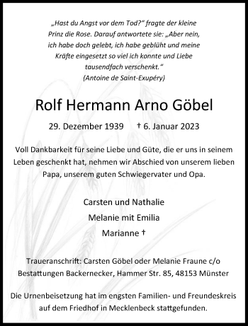 Anzeige von Rolf Hermann Arno Göbel 
