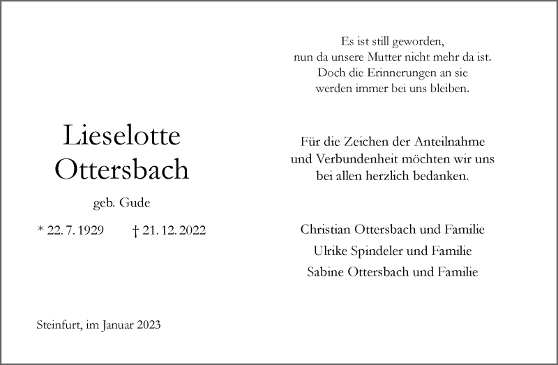  Traueranzeige für Lieselotte Ottersbach vom 18.01.2023 aus 