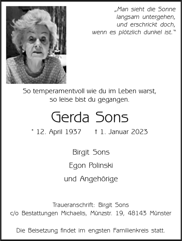  Traueranzeige für Gerda Sons vom 07.01.2023 aus 